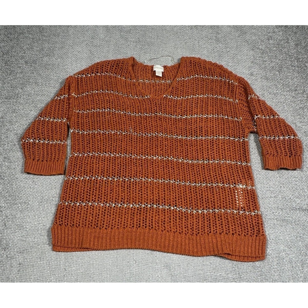 Chicos Sweater Womens 2 Large Orange Silver Striped Open Knit Beach Boho